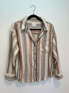 American Eagle Outfitters Womens Striped Button-Down Shirt - Cream, Tan & Gray